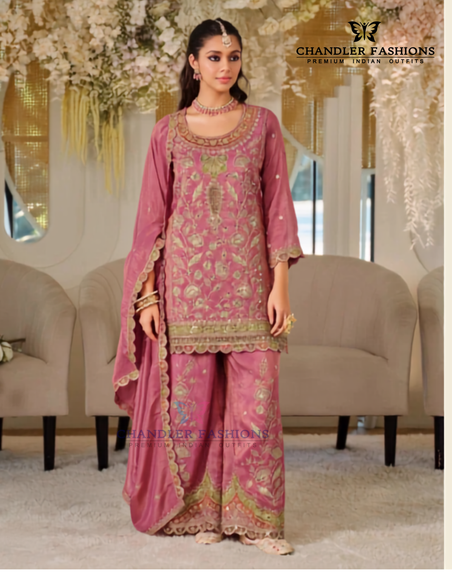 Pink Color Chinon With Embroidery And Sequins Work Palazzo Suit With Dupatta Near Me