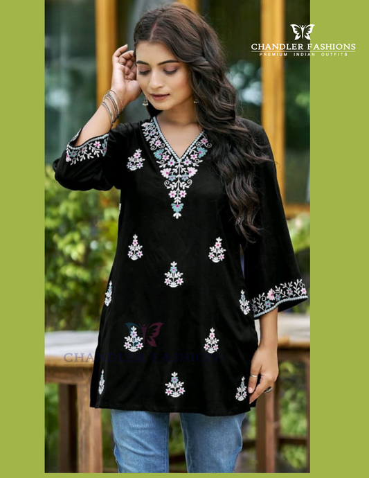 Wonderful Black Color Cotton With Embroidery Work Short Kurti For Women