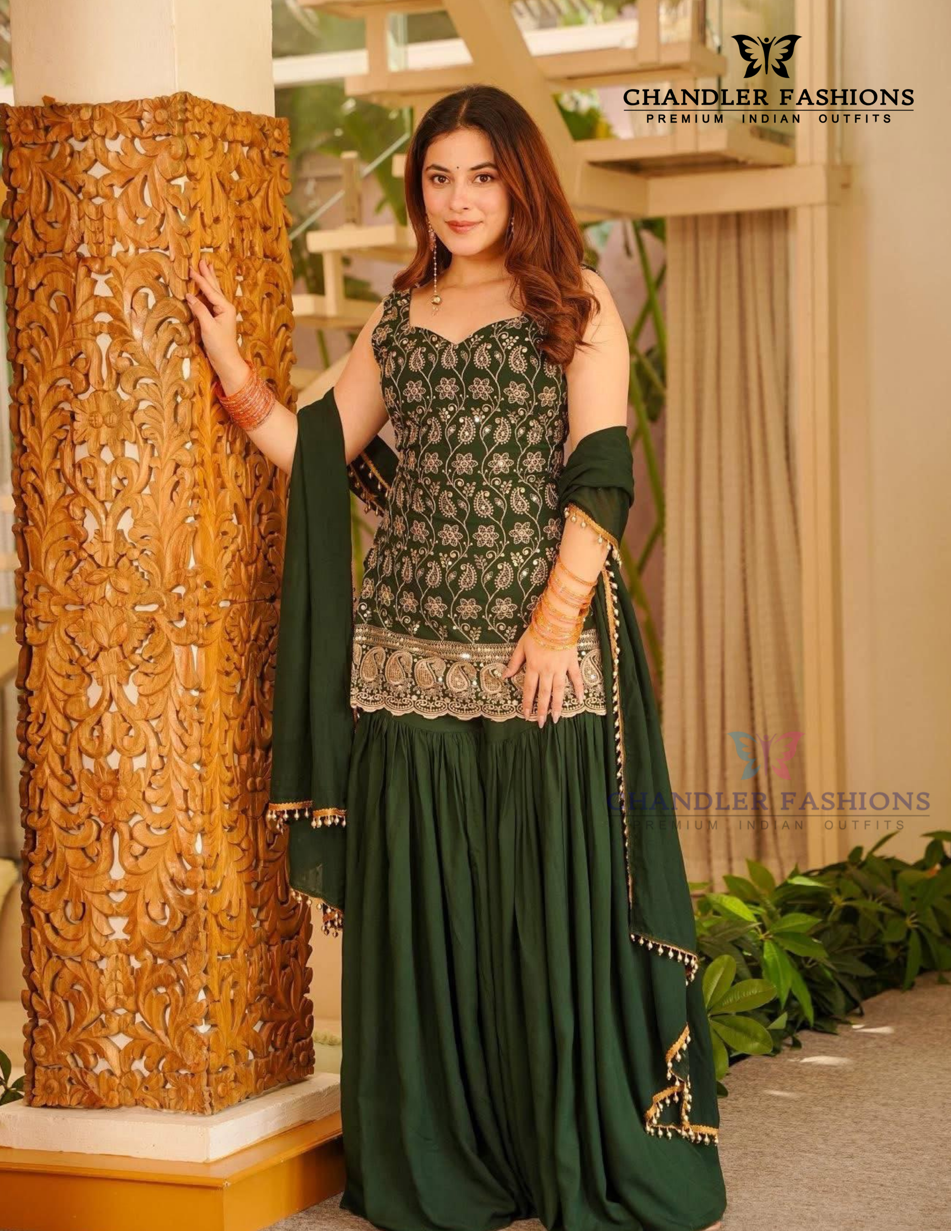 Pleasing Green Color Faux Georgette Palazzo Suit In Mesa
