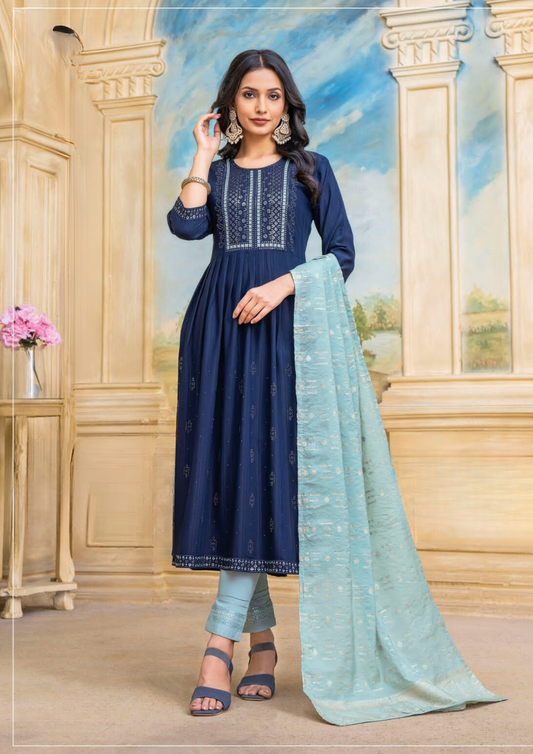 Pleasing Blue Colored Fancy Nylon Viscose With Lycra Pant & Fancy Dupatta