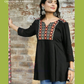 Gorgeous Black Color Cotton With Embroidery Work Short Kurti For Women