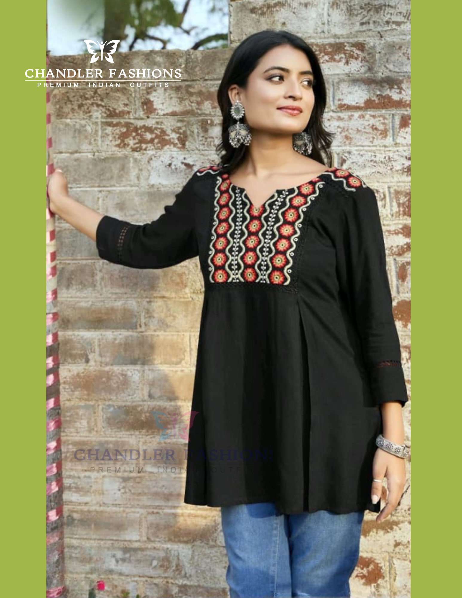 Gorgeous Black Color Cotton With Embroidery Work Short Kurti For Women