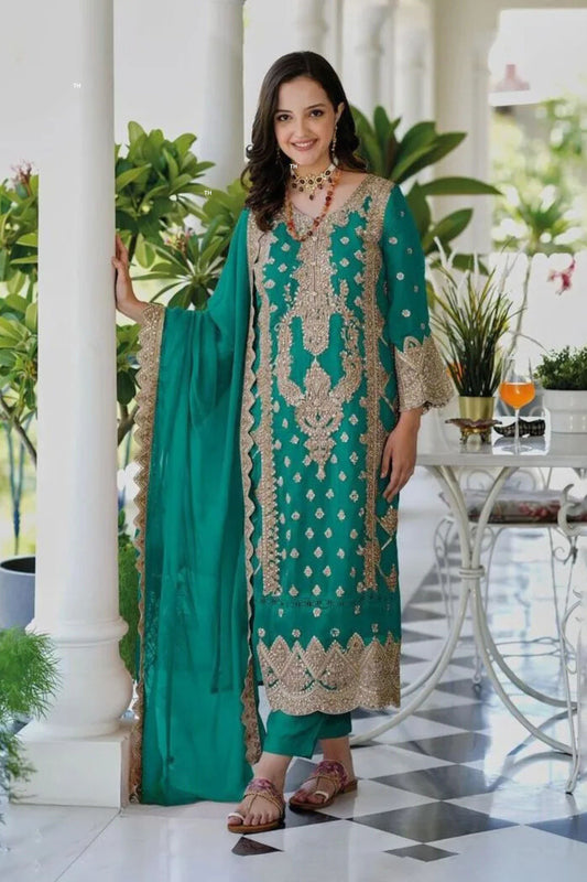 Attractive Green Color Heavy Silk Embroidery Salwar Suits With Dupatta For Women