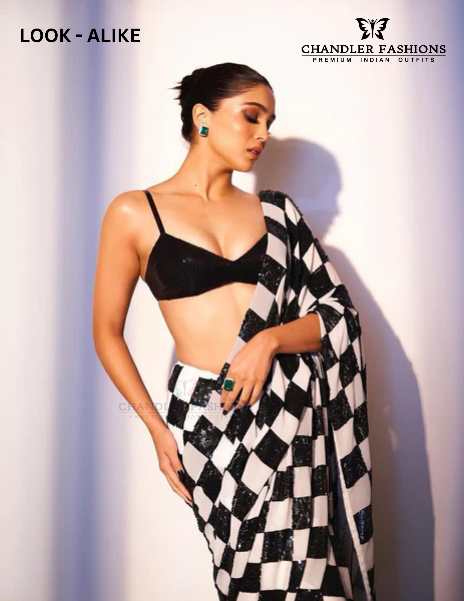 Black And White Colored Soft Georgette Checked Design Sequins Designer Saree In Chandler