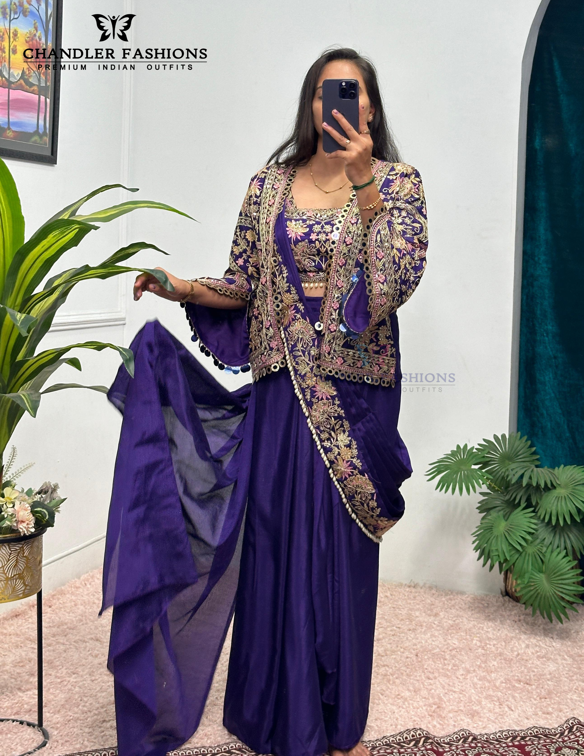 Wonderful Violet Color Heavy Embroidery Work Ready To Wear Saree For Women Near Me