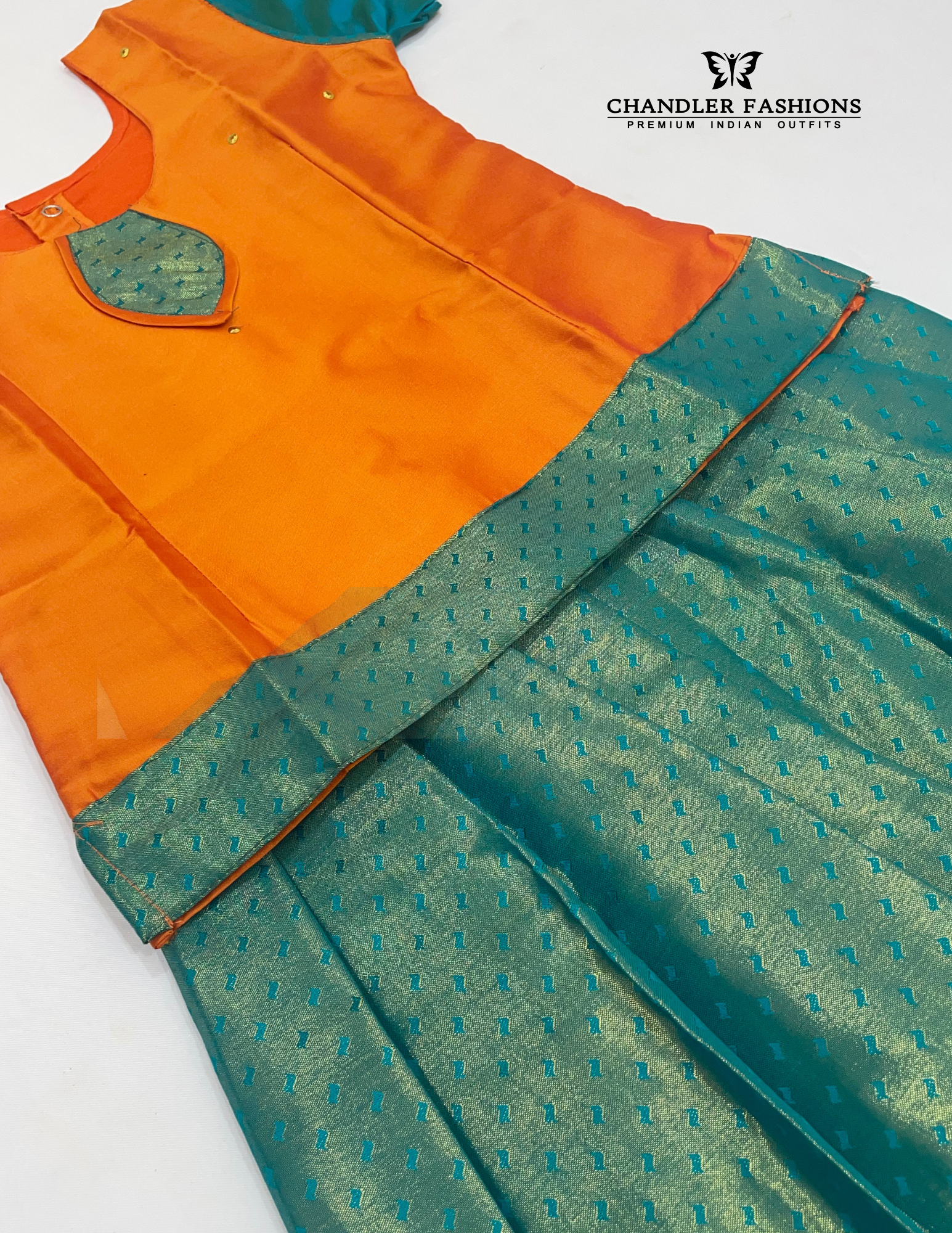 Orange And Green Colored Silk Langa Sets 