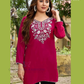 Pretty Dark Pink Color Cotton With Embroidery Work Short Kurti For Women