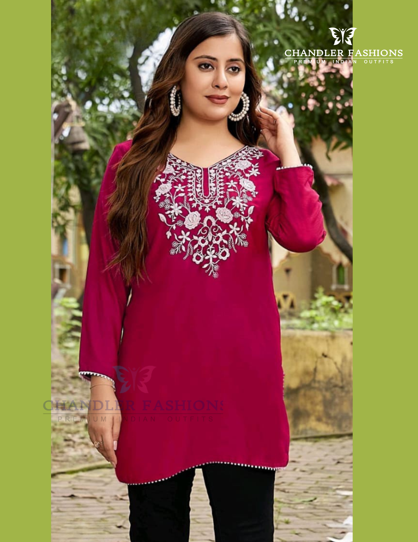 Pretty Dark Pink Color Cotton With Embroidery Work Short Kurti For Women
