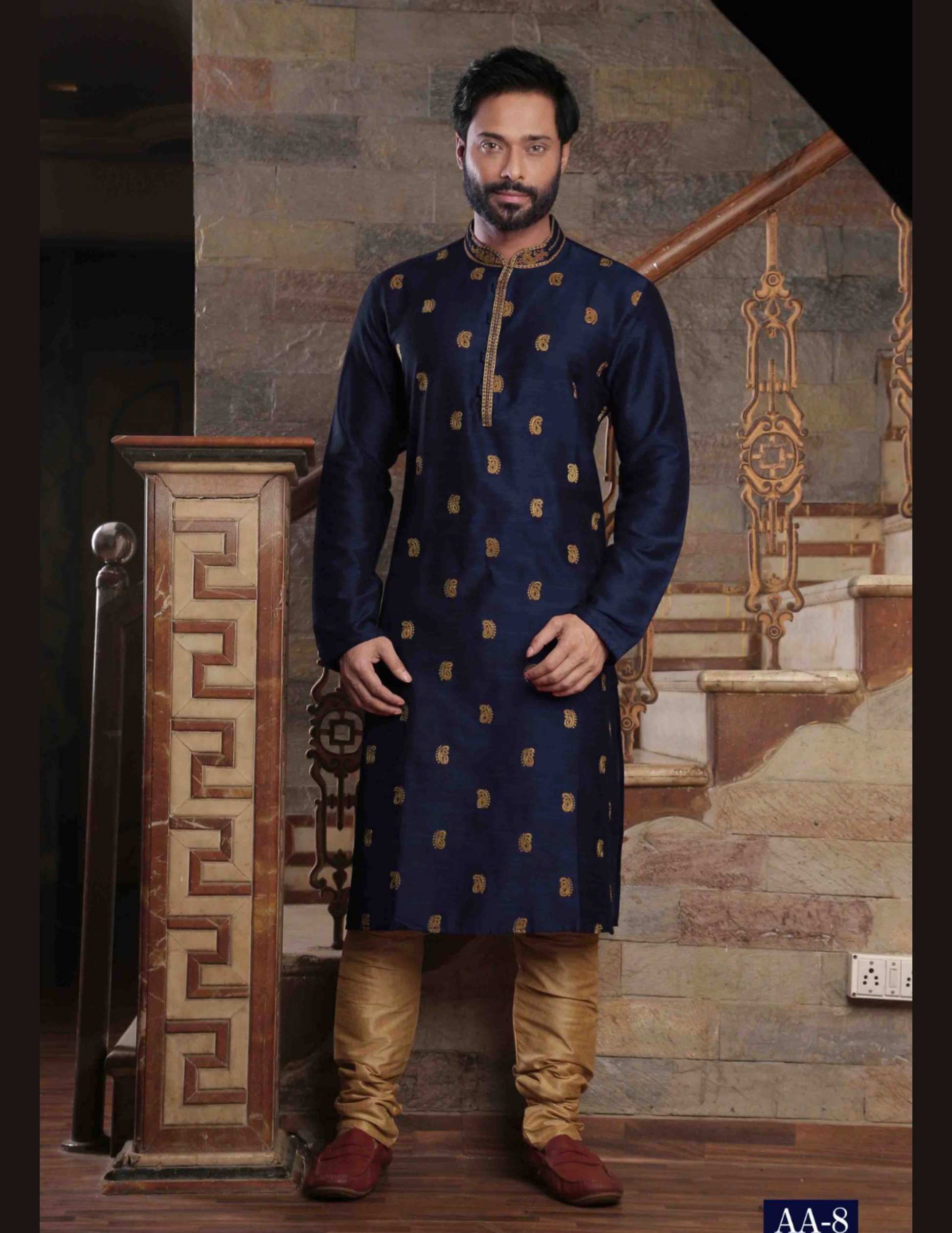Charming Navy Blue Color Embroidery Work Slub Silk Kurta With Pajama Set