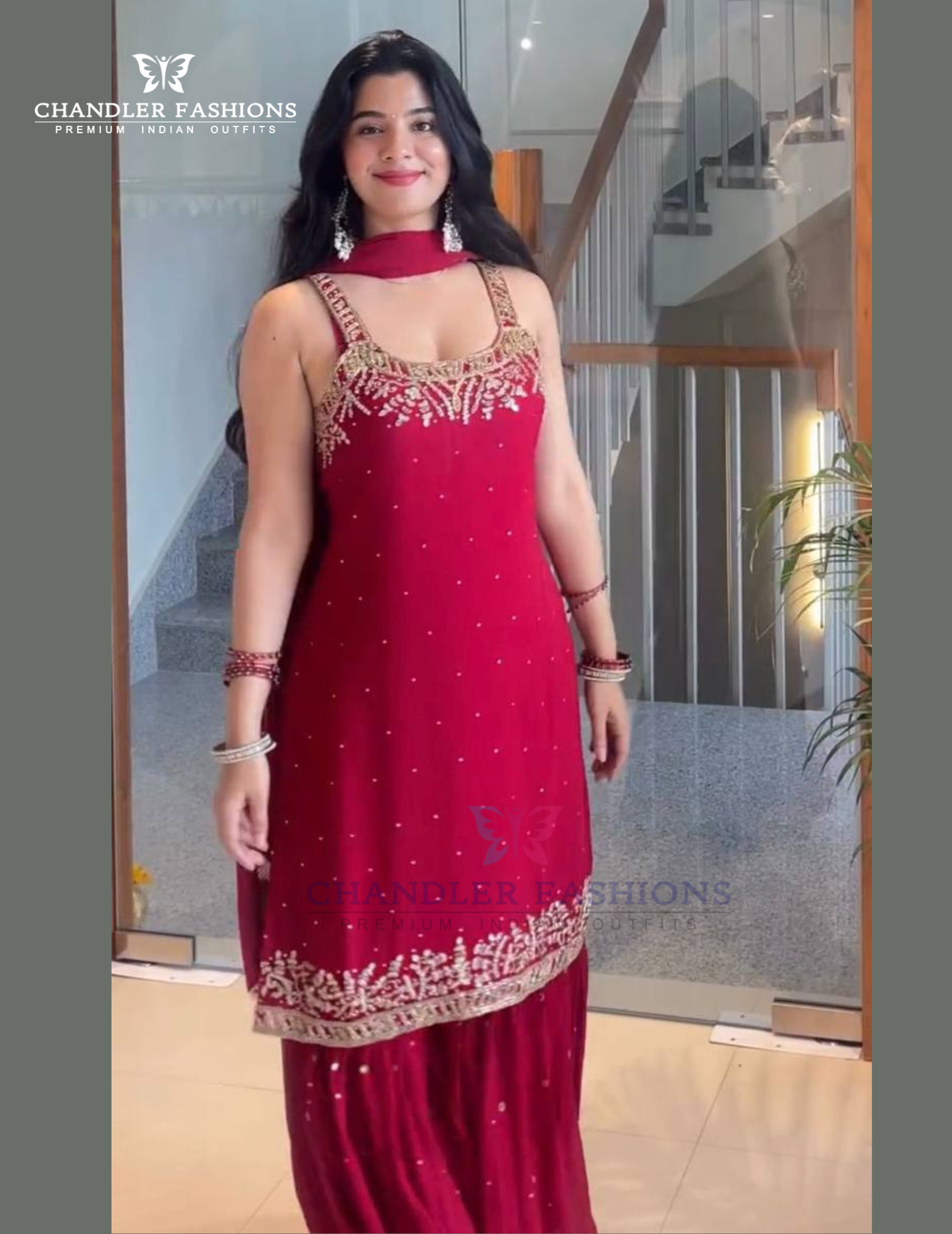 Appealing Red Color Georgette Embroidery And Sequins Work Palazzo Suits