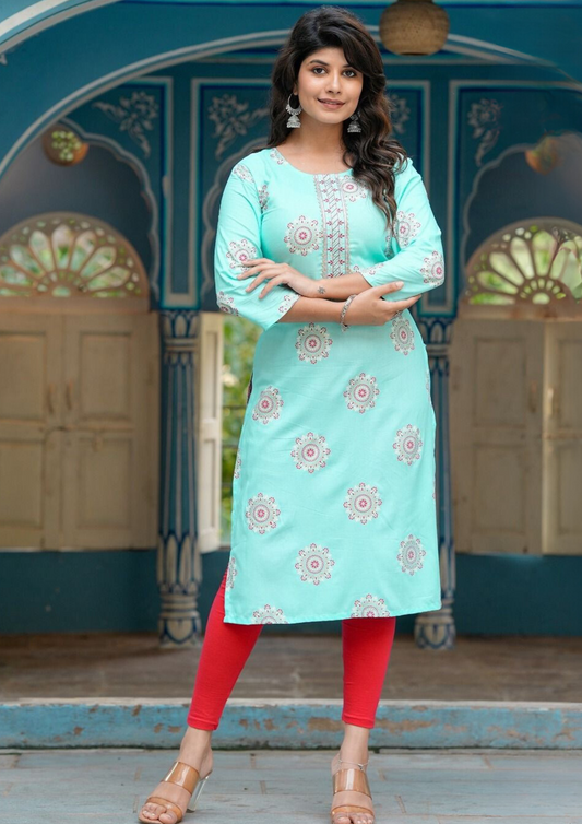 Stunning Sky Blue Colored Gold print Kurti With Fancy Embroidery Work