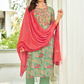 Beautifuf Green Color And Multicolor Design Straight Kurthi With Pant And Fancy Jacquard Dupatta For Women