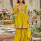 Pretty Mustard Yellow Color Chinon With Emboidery Work Sharara Suits With Dupatta For Women
