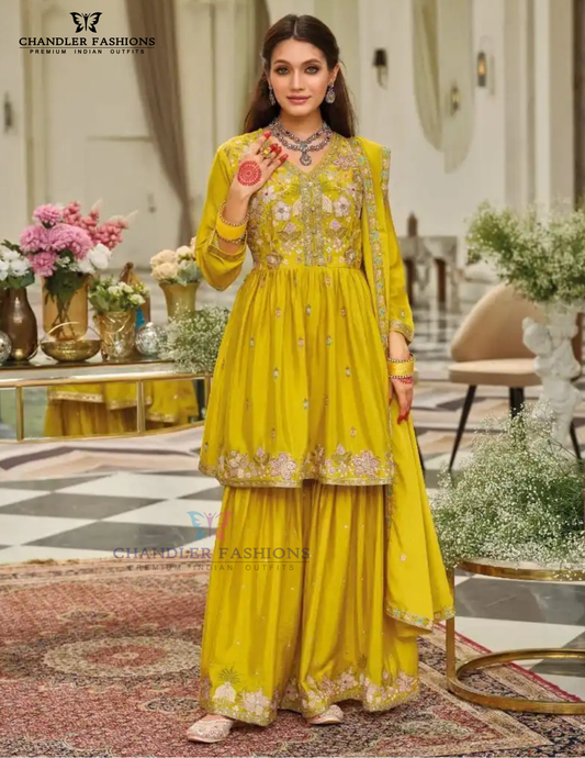 Pretty Mustard Yellow Color Chinon With Emboidery Work Sharara Suits With Dupatta For Women