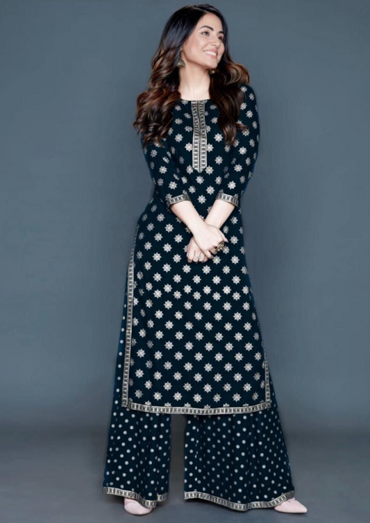 Graceful Black Color Gold Printed Rayon Kurti With Palazzo Suits For Women