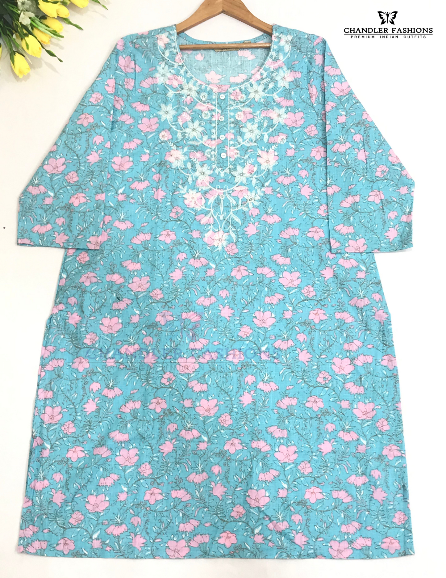 Sky Blue Color Cotton With floral And Embroidery Work Kurti In Chandler