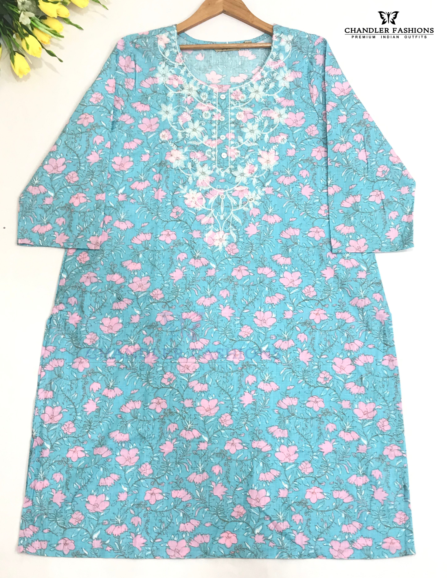 Sky Blue Color Cotton With floral And Embroidery Work Kurti In Chandler