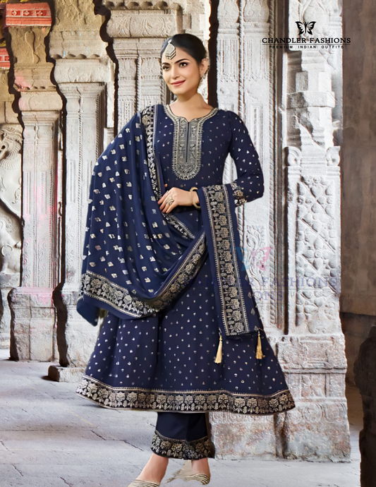 Charming Blue Color Rayon With Embroidery Work Salwar Suits For Women