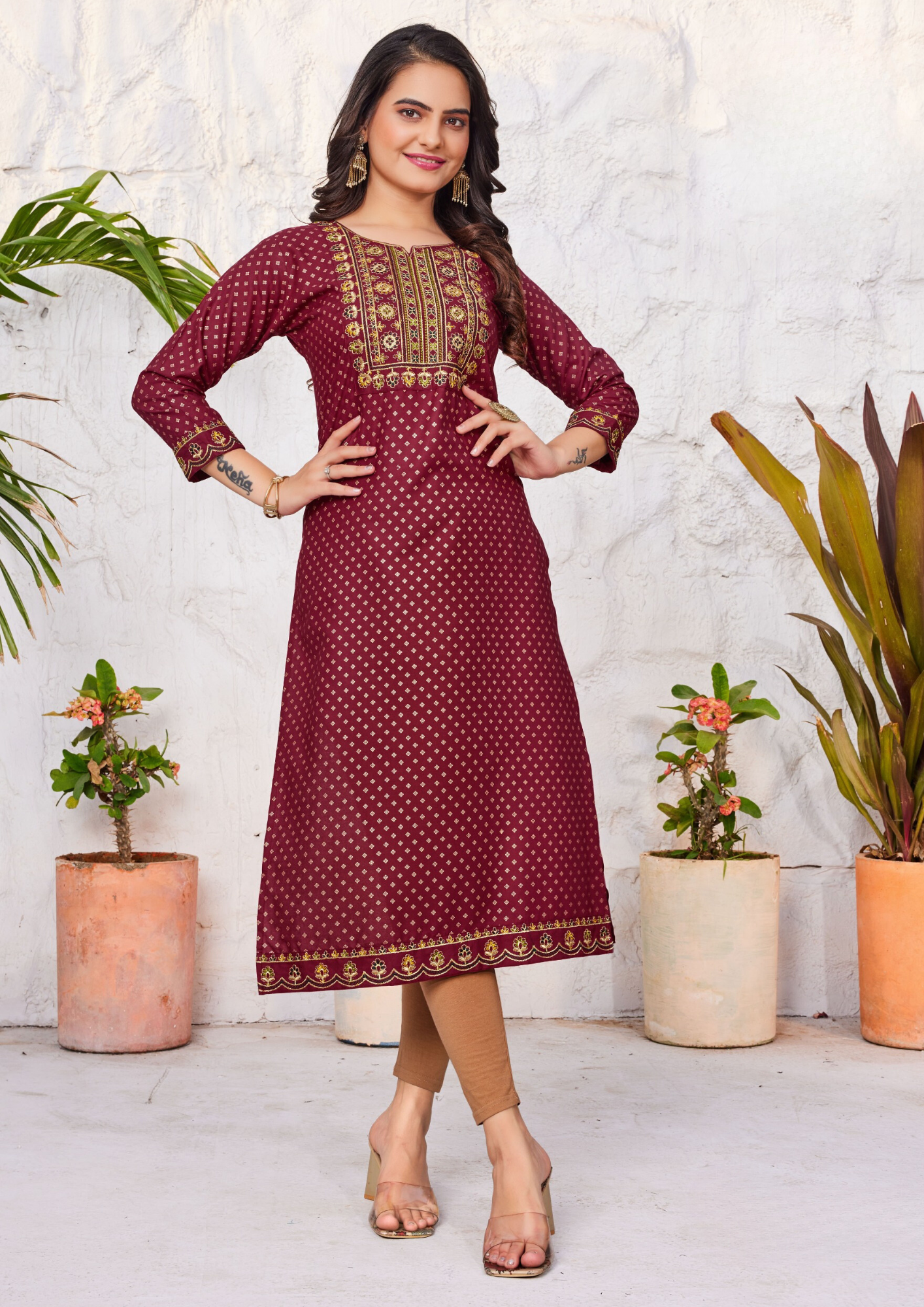 Elegant Maroon Color Rayon Kurti With Zari & Thread Embroidery Work