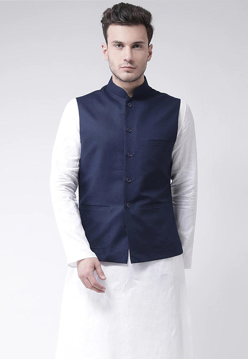 Men Blue & White Self Design Kurta With Nehru Jacket
