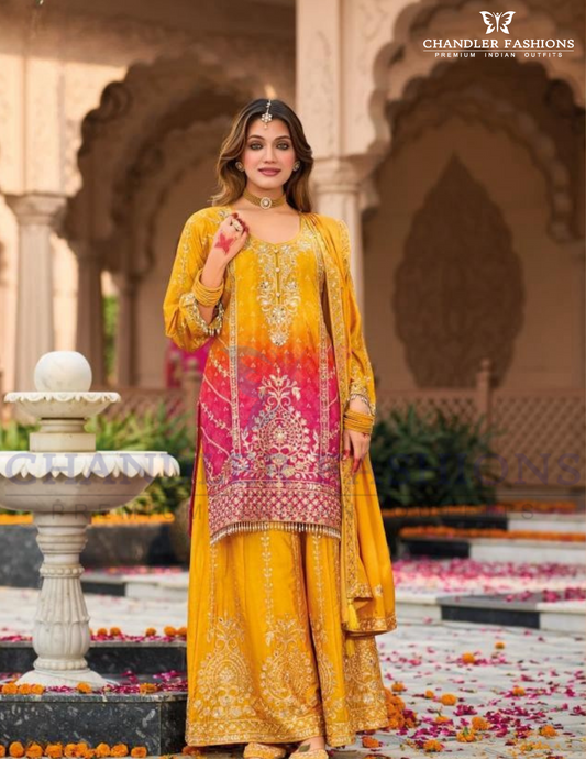 Alluring Mustard Yellow Color Chinon With Digital Print And Embroidery Work Palazzo Suits For Women