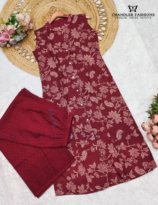 Attractive Red Color Cotton With Digital Printed Work Palazzo Suits For Women