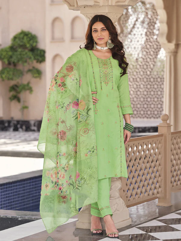 Fabulous Pista Green Color Pure Cotton Embroidery Kurti With Dupatta