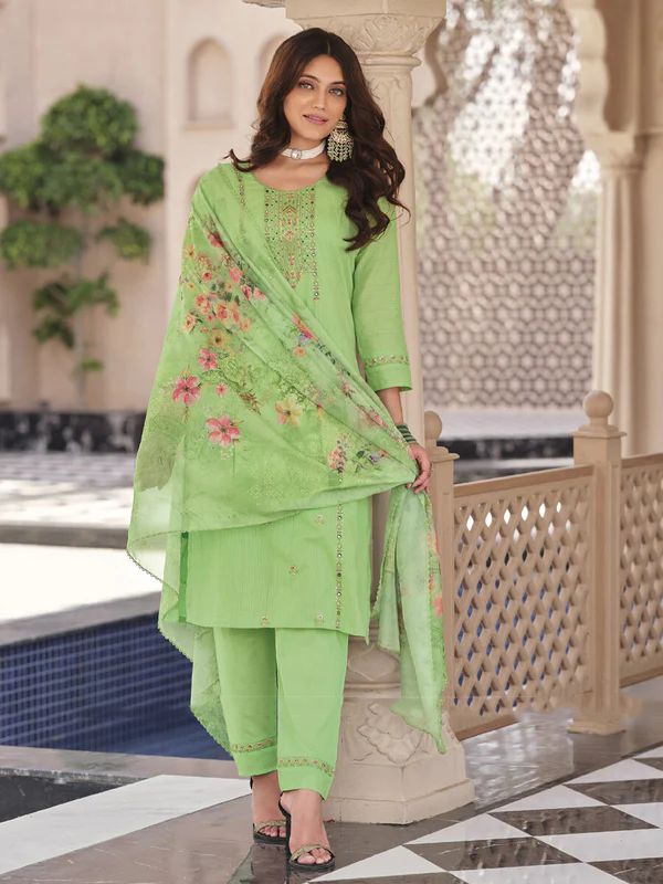 Fabulous Pista Green Color Pure Cotton Embroidery Kurti In Yuma