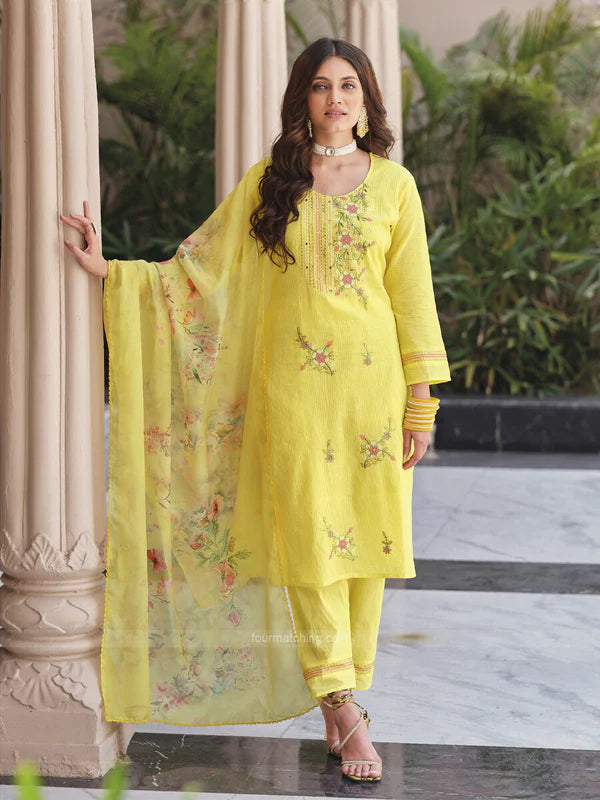 Attractive Yellow Color Cotton Embroidery Kurti With Dupatta