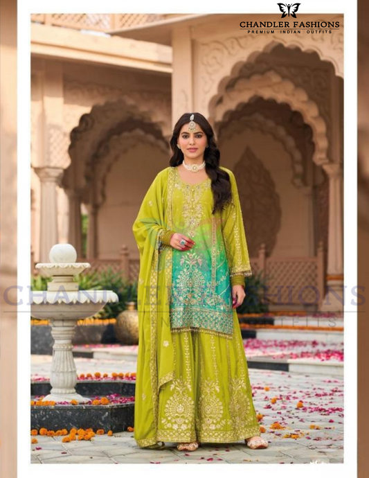 Charming Green Color Chinon With Digital Print And Embroidery Work Palazzo Suits For Women