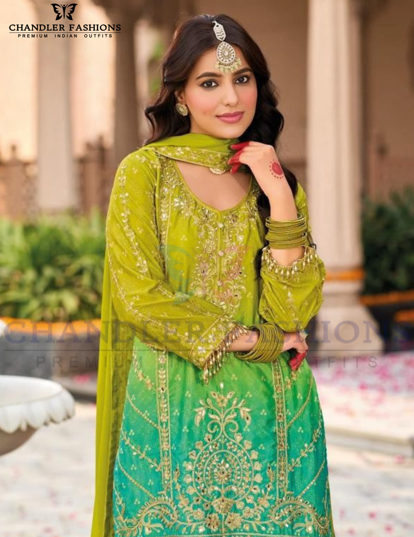 Charming Green Color Chinon With Digital Print And Embroidery Work Palazzo Suits Near Me