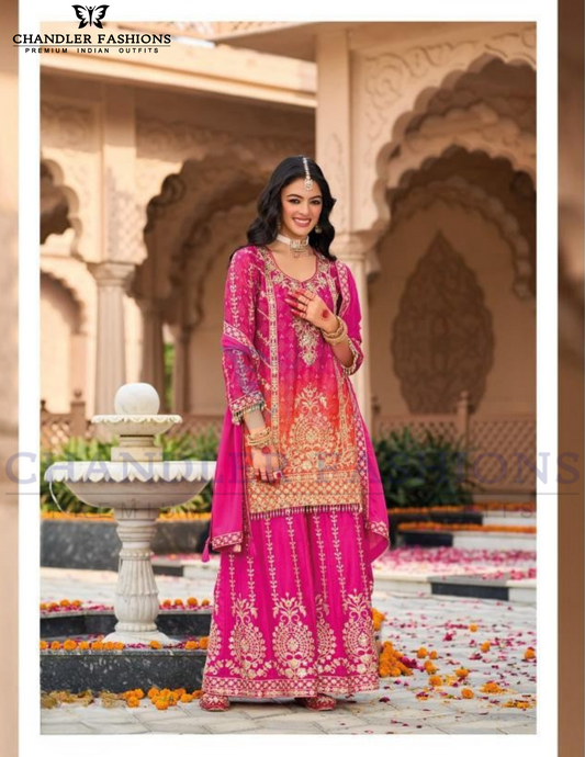 Delightful Rani Pink Color Chinon With Digital Print And Embroidery Work Palazzo Suits For Women