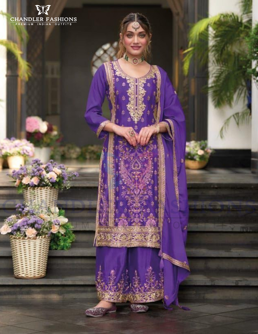Pretty Violet Color Chinon With Embroidery Work With Palazzo Suits For Women
