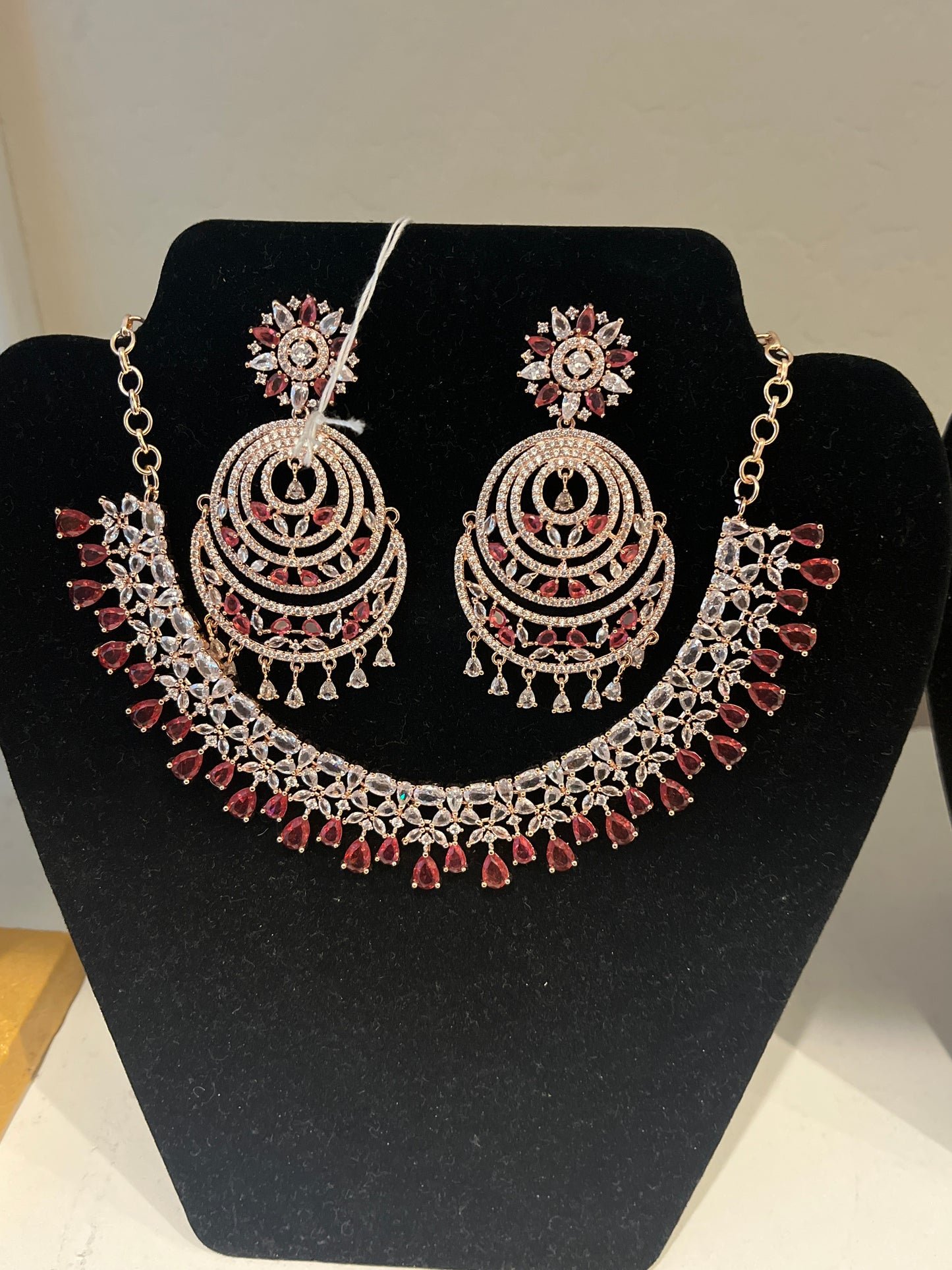 Charming Red And White Color Stone Design AD Necklace Set With Tikkas For Women