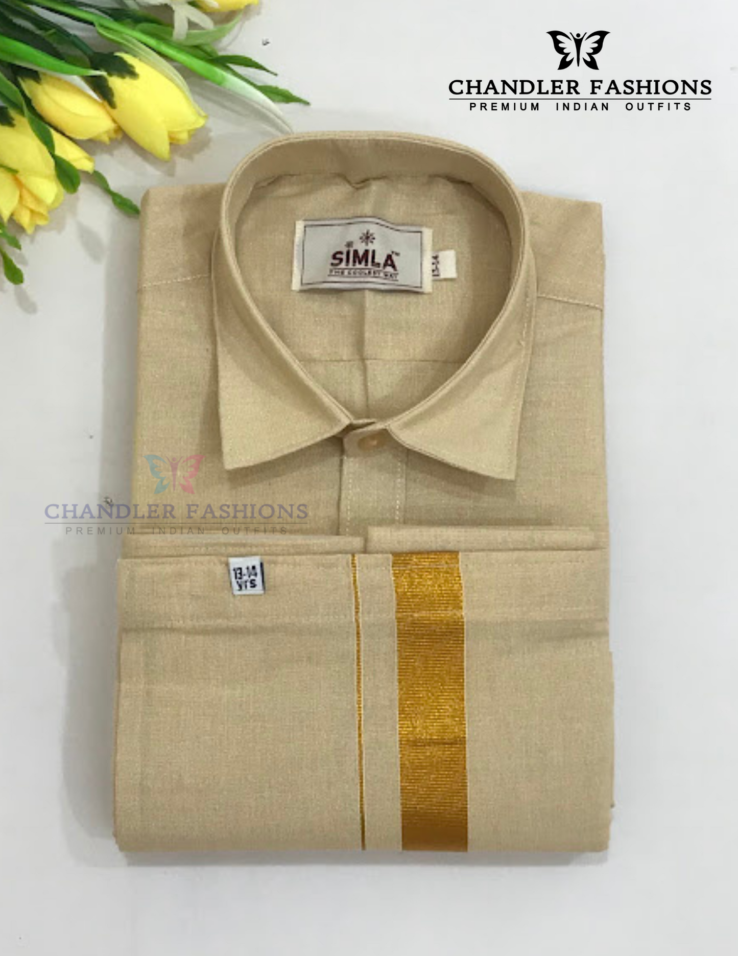Beautiful Sandal Color Cotton Shirt With Tissue Zari Work Dhoti Set For Kids