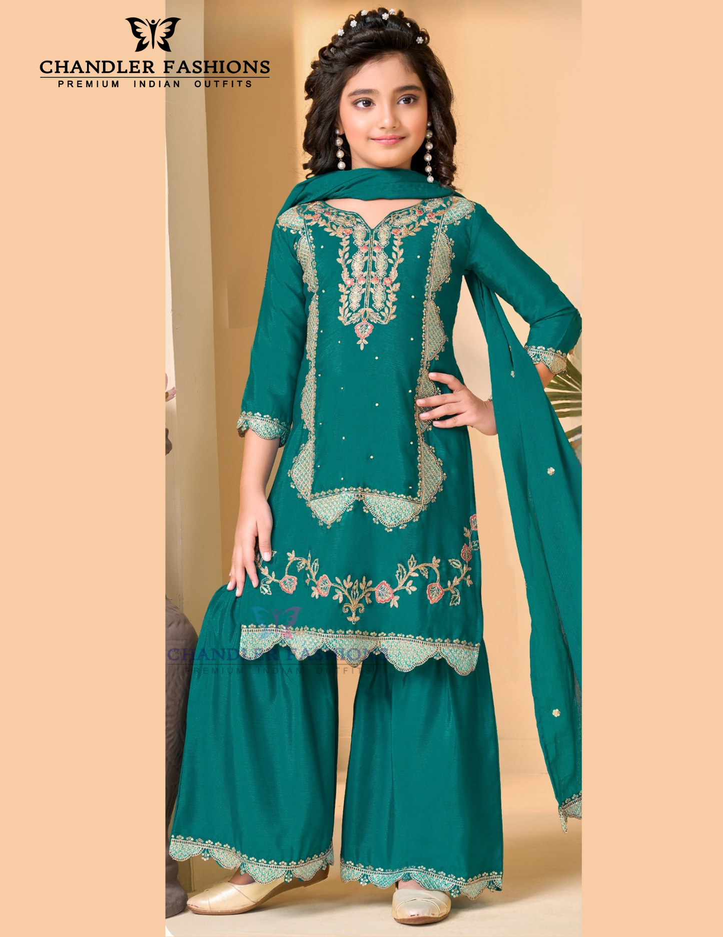 Amazing Teal Green Color Heavy Chinon With Embroidery And Sequins Work Palazzo Suits For Girls