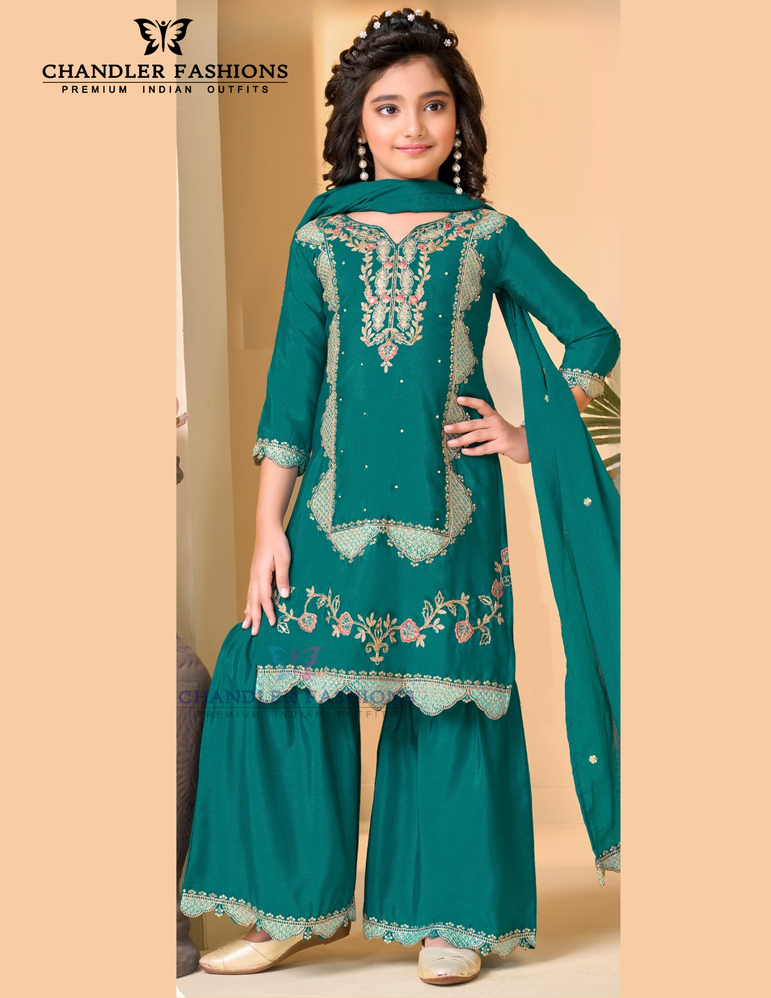 Amazing Teal Green Color Heavy Chinon With Embroidery And Sequins Work Palazzo Suits For Girls