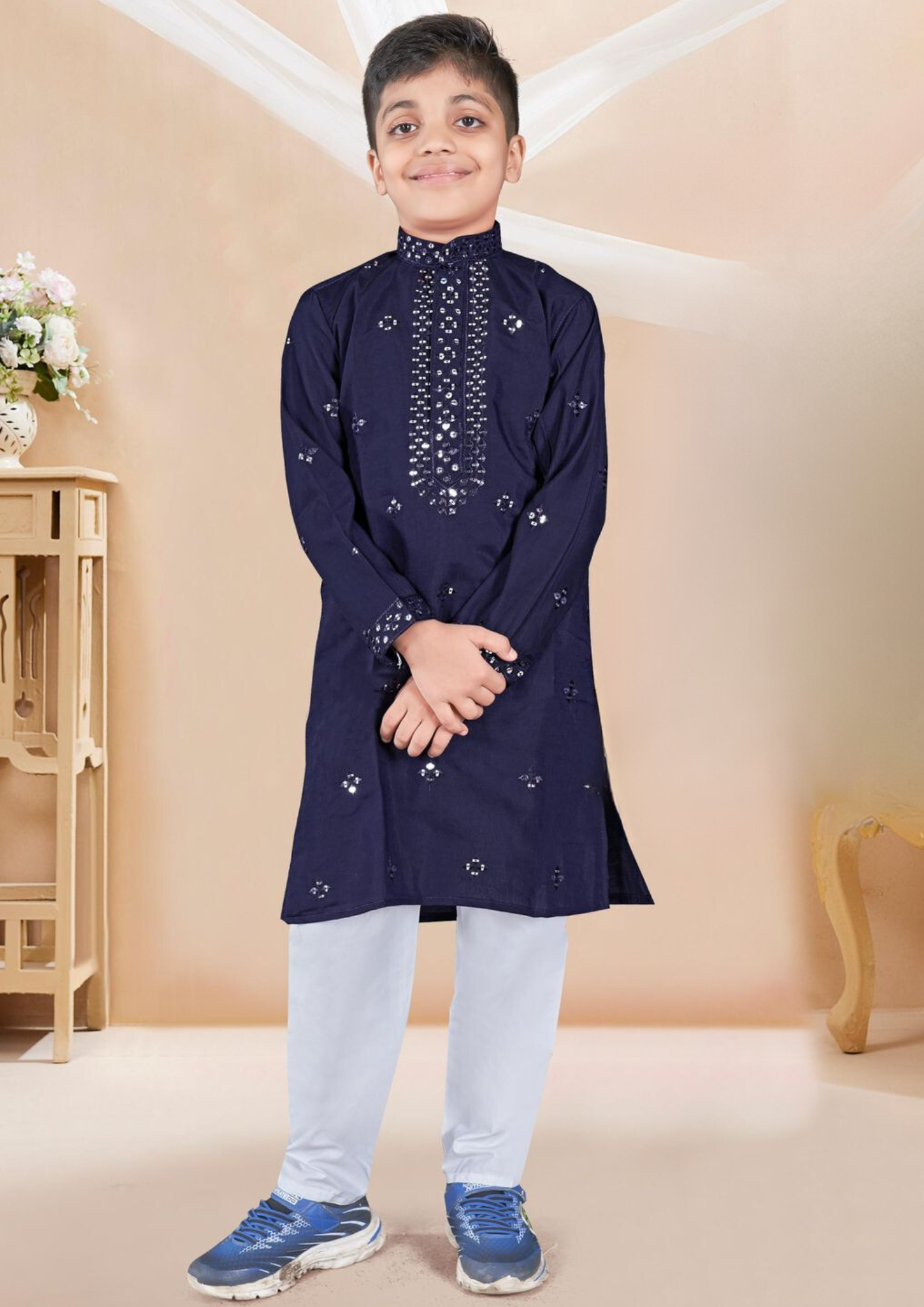 Attractive Blue Color Kurta Pajama Set With Sequins Work For Kids