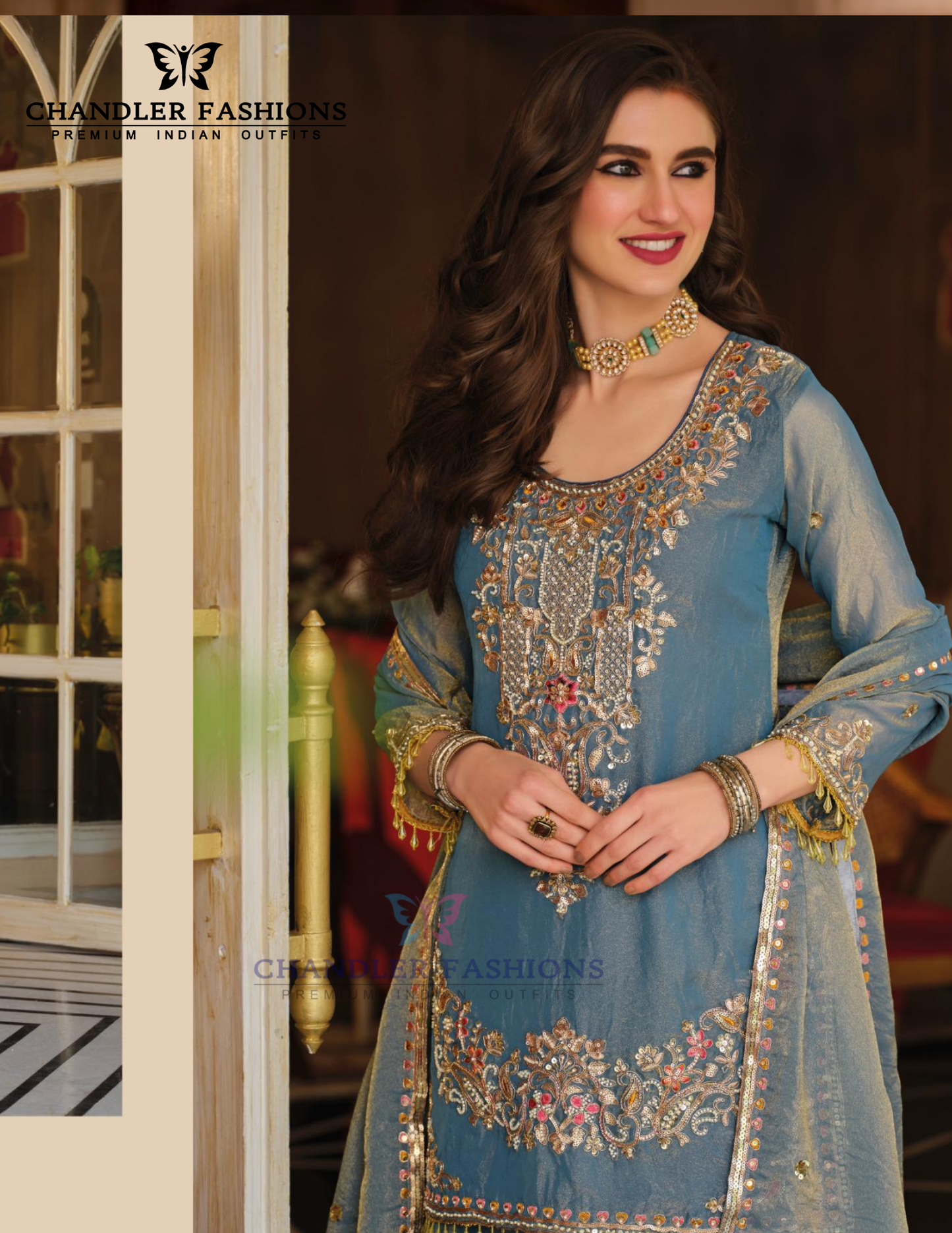  Teal Blue Color  Palazzo Suits And Dupatta In Tempe