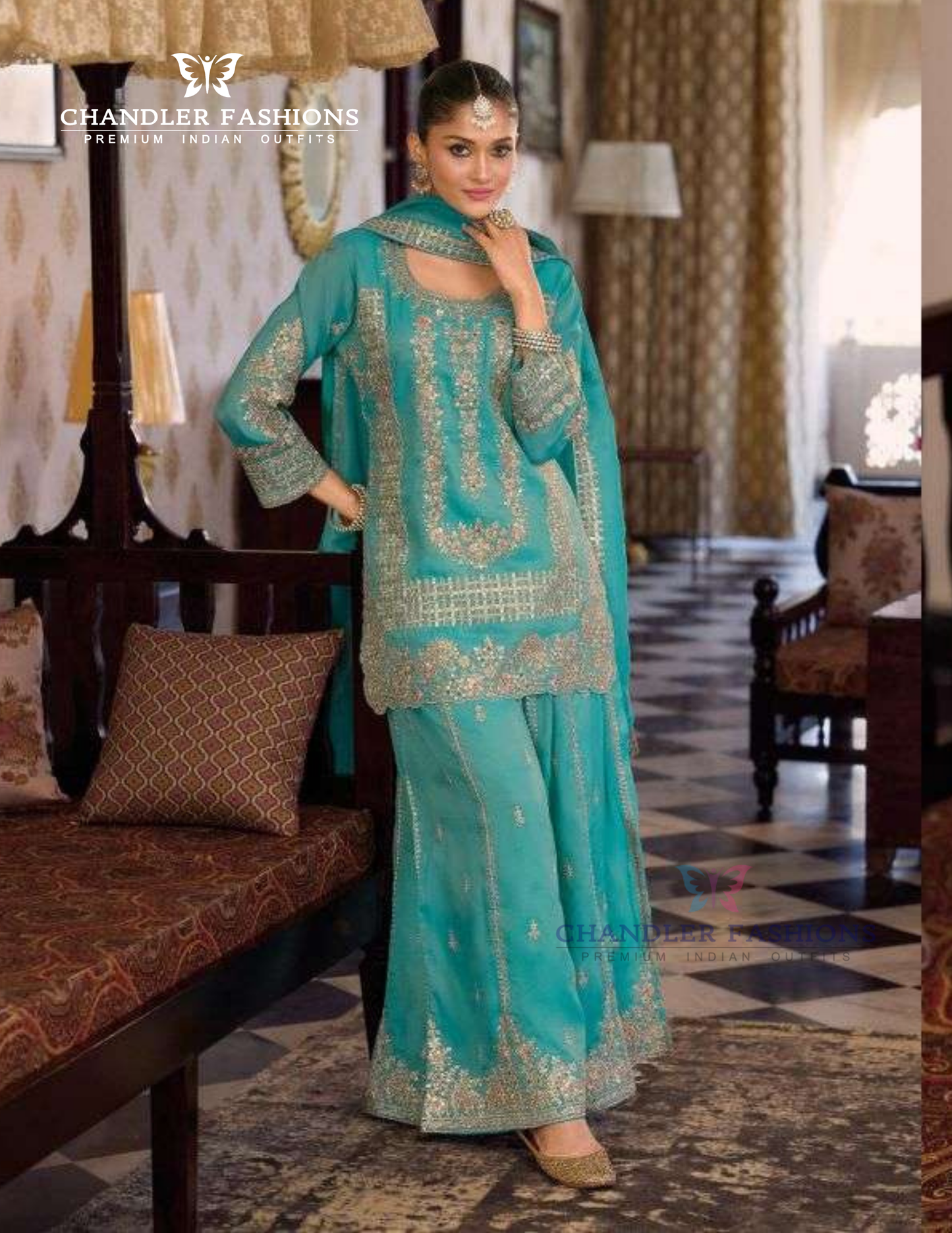 Gorgeous Teal Green Color Shimmer Palazzo Suits With Embroidery Work Near Me