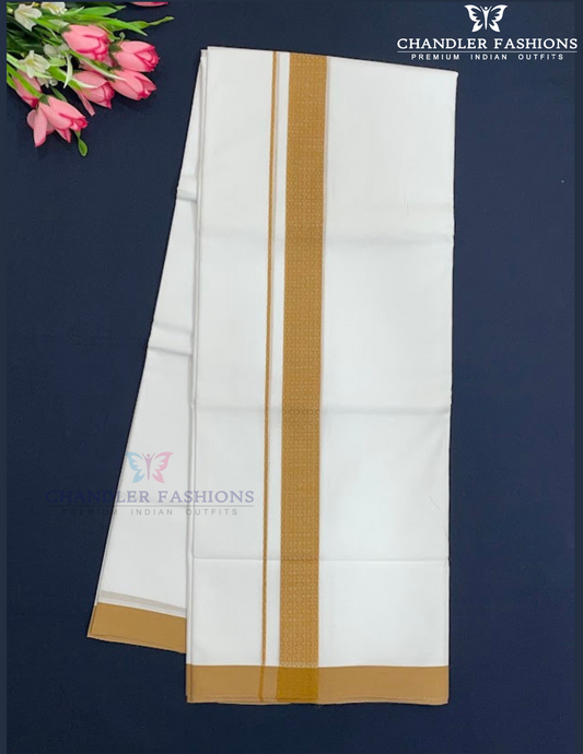 Elegant Men's White Premium Pure Cotton Gold Color Border Dhoti