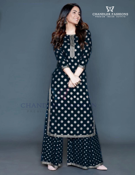 Pretty Black Color Rayon Printed Work Palazzo Suits For Women