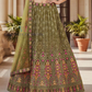 Olive Green Net With Embroidery And Sequins Work Lehenga In USA