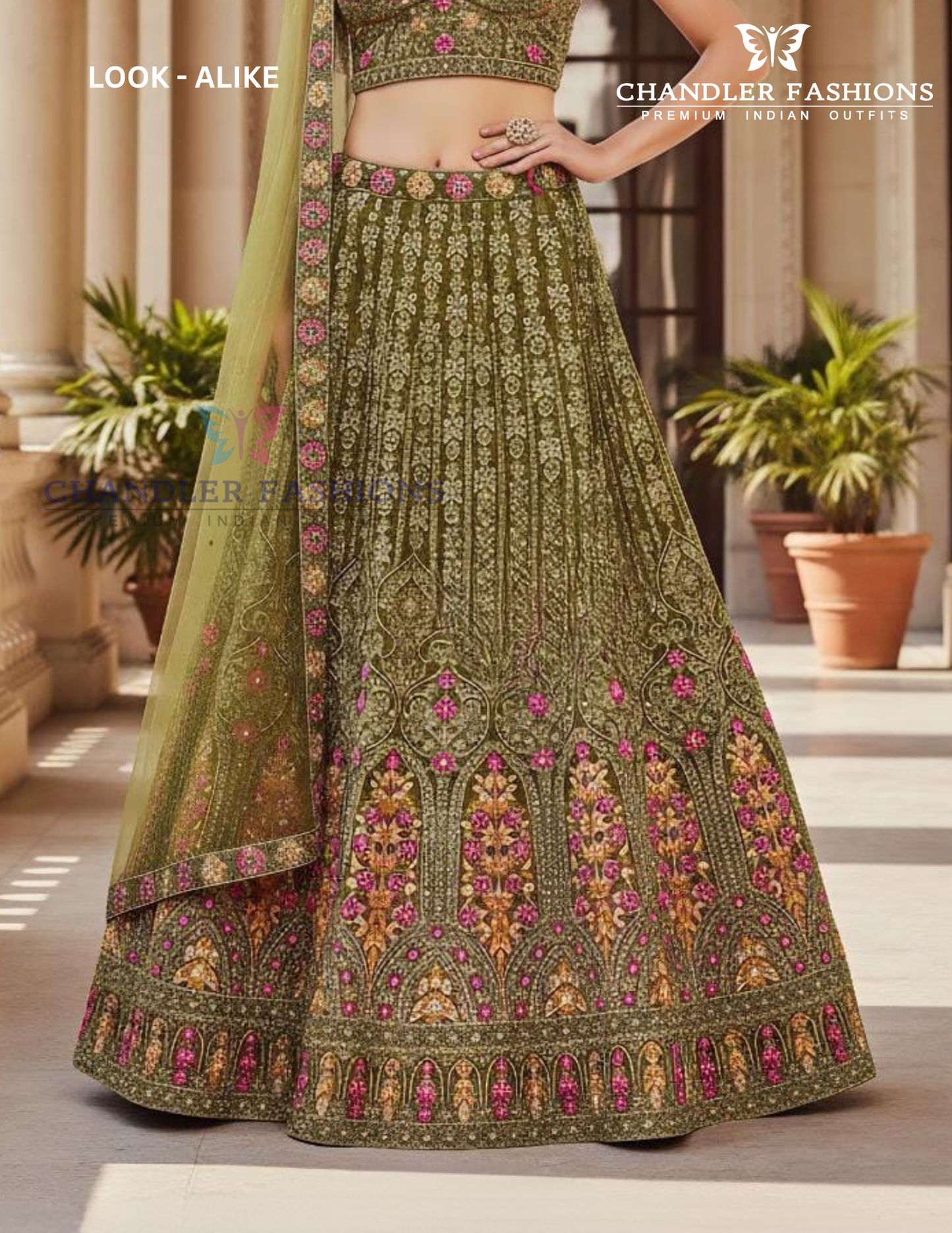 Olive Green Net With Embroidery And Sequins Work Lehenga In USA