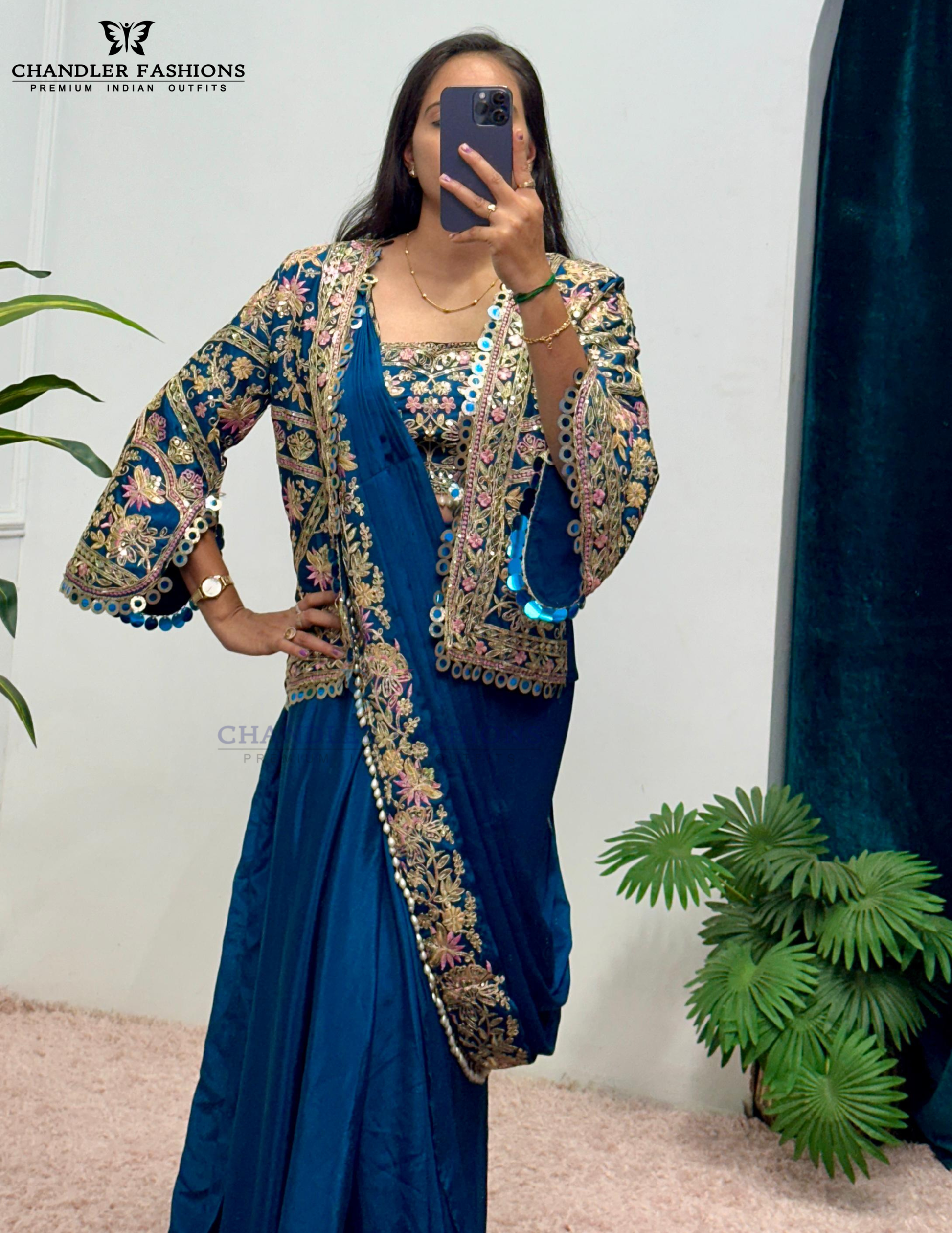 Stunning Blue Color Heavy Embroidery Work Ready To Wear Saree In USA