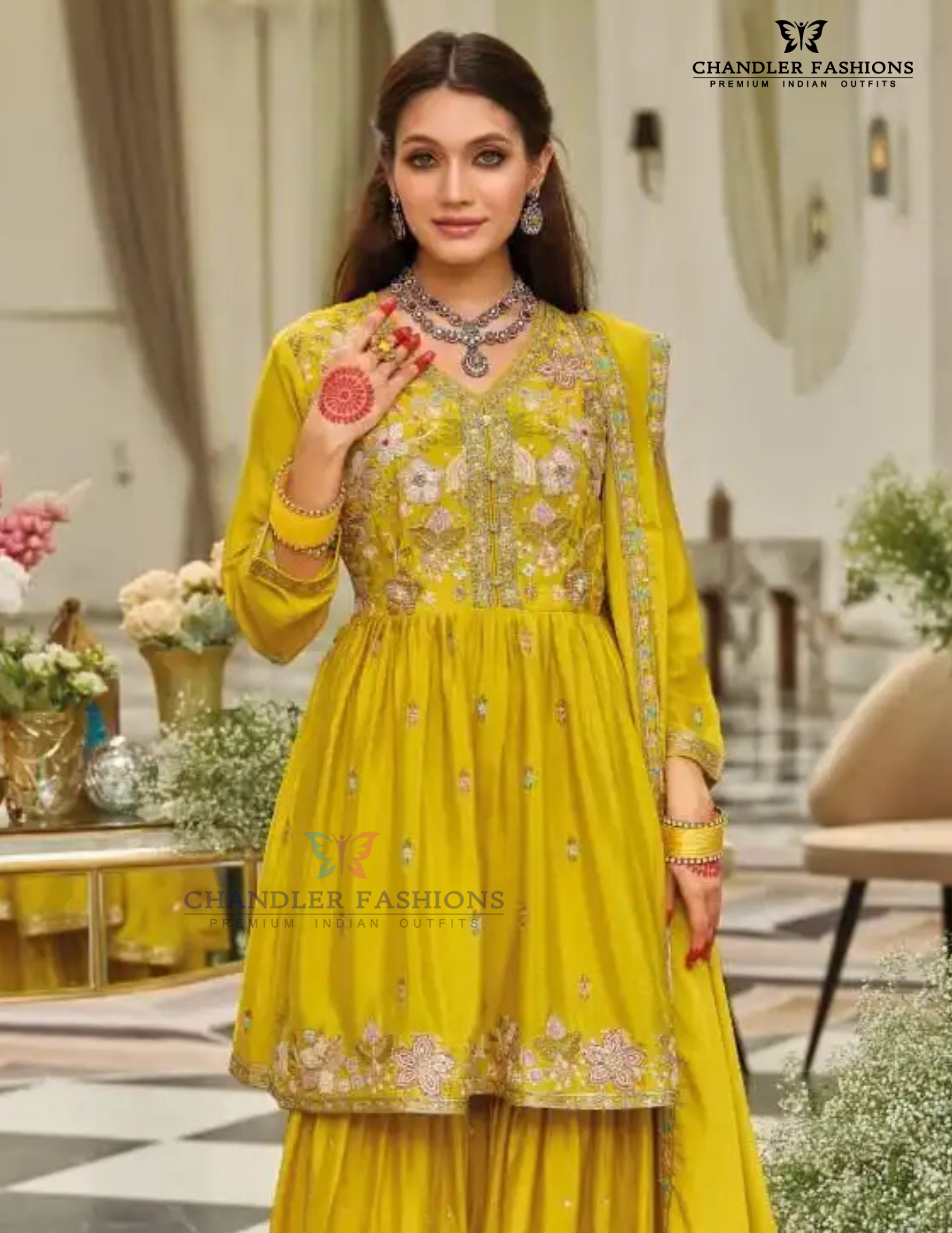 Pretty Mustard Yellow Color Chinon With Emboidery Work Sharara Suits With Dupatta Near Me