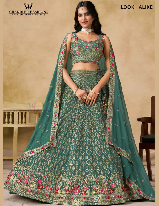 Appealing Teal Green Color Georgette With Embroidery And Sequins Work Lehenga Choli For Women