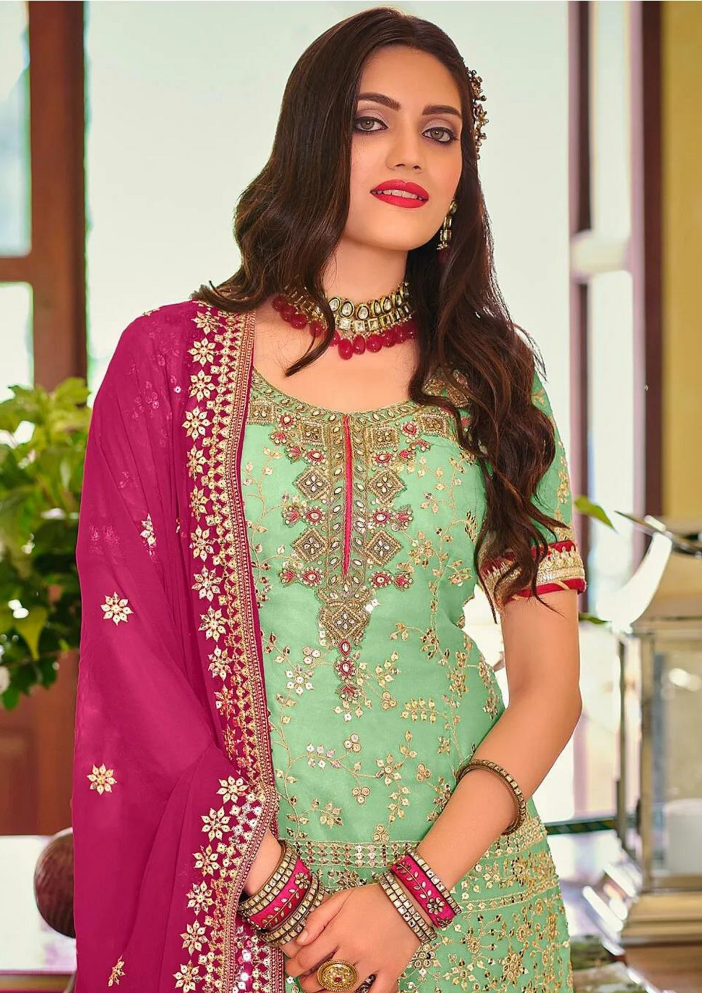 Charming Green Color Faux Georgette Sharara Suits  Near Me