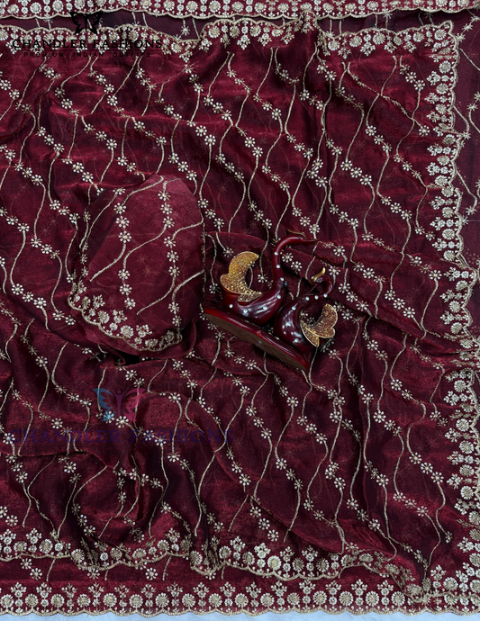 Gorgeous Maroon Color Soft Space Silk With Sequins Embroidery Work Saree For Women