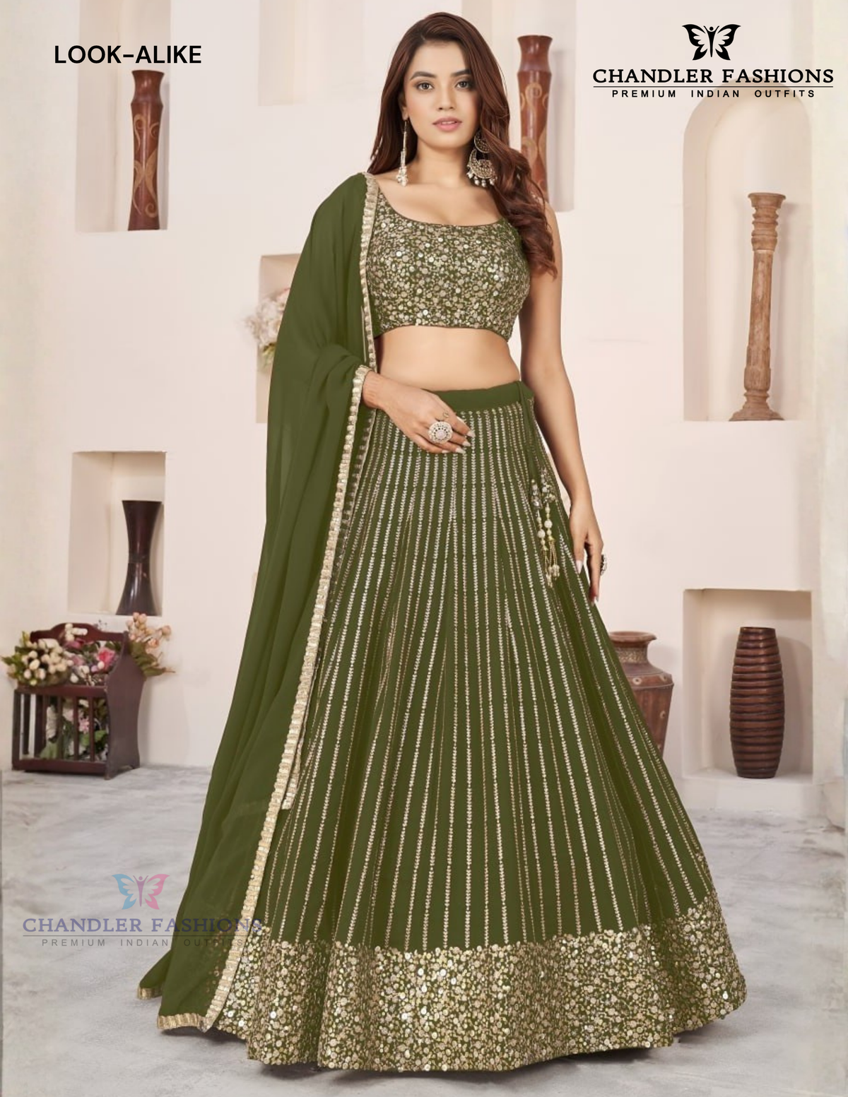 Alluring Olive Green Color Georgette Lehenga Choli With Sequins And Embroidery Work For Women